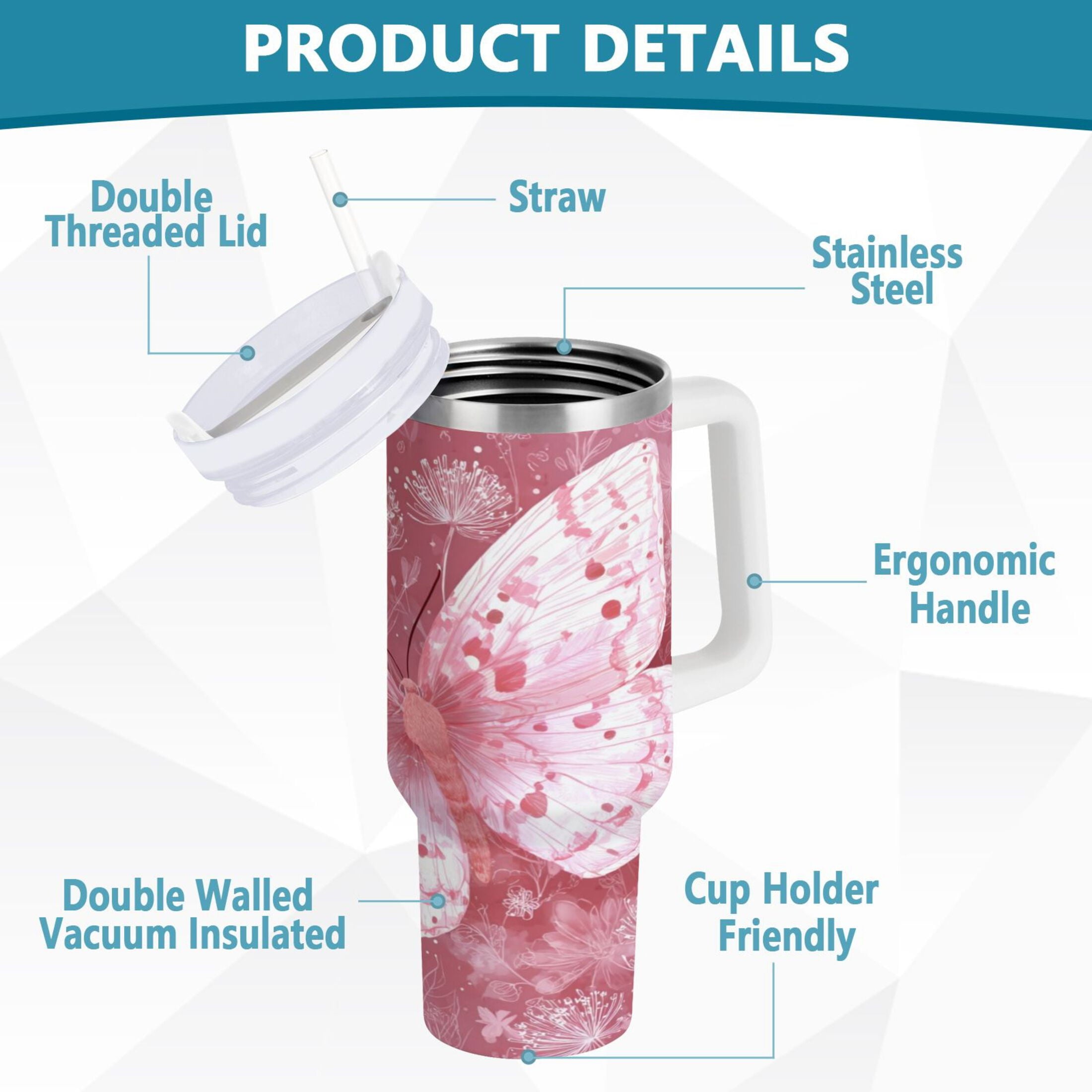 30 oz Insulated Stainless Steel Tumbler Double Wall Stainless Steel Tumbler with 2-Way Drinking Soft Pink Butterfly | YS27