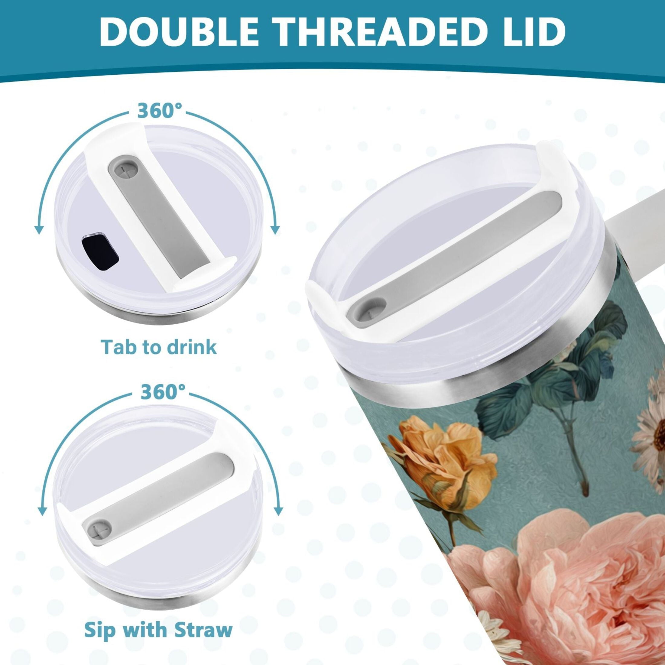 30 oz Insulated Stainless Steel Tumbler Double Wall Stainless Steel Tumbler with 2-Way Drinking Vintage Roses and Peonies | 2X6L