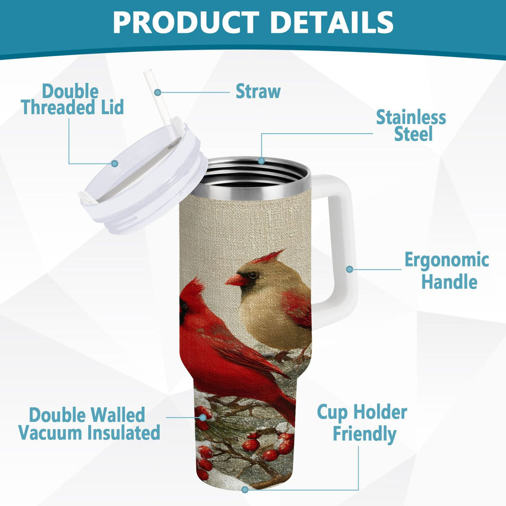 30 oz Insulated Stainless Steel Tumbler Double Wall Stainless Steel Tumbler with 2-Way Drinking Bird and Snow-covered Trees | L05G