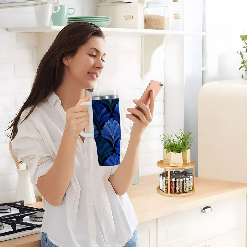 30 oz Insulated Stainless Steel Tumbler Double Wall Stainless Steel Tumbler with 2-Way Drinking Blue Batik Leaves Pattern | JMRV