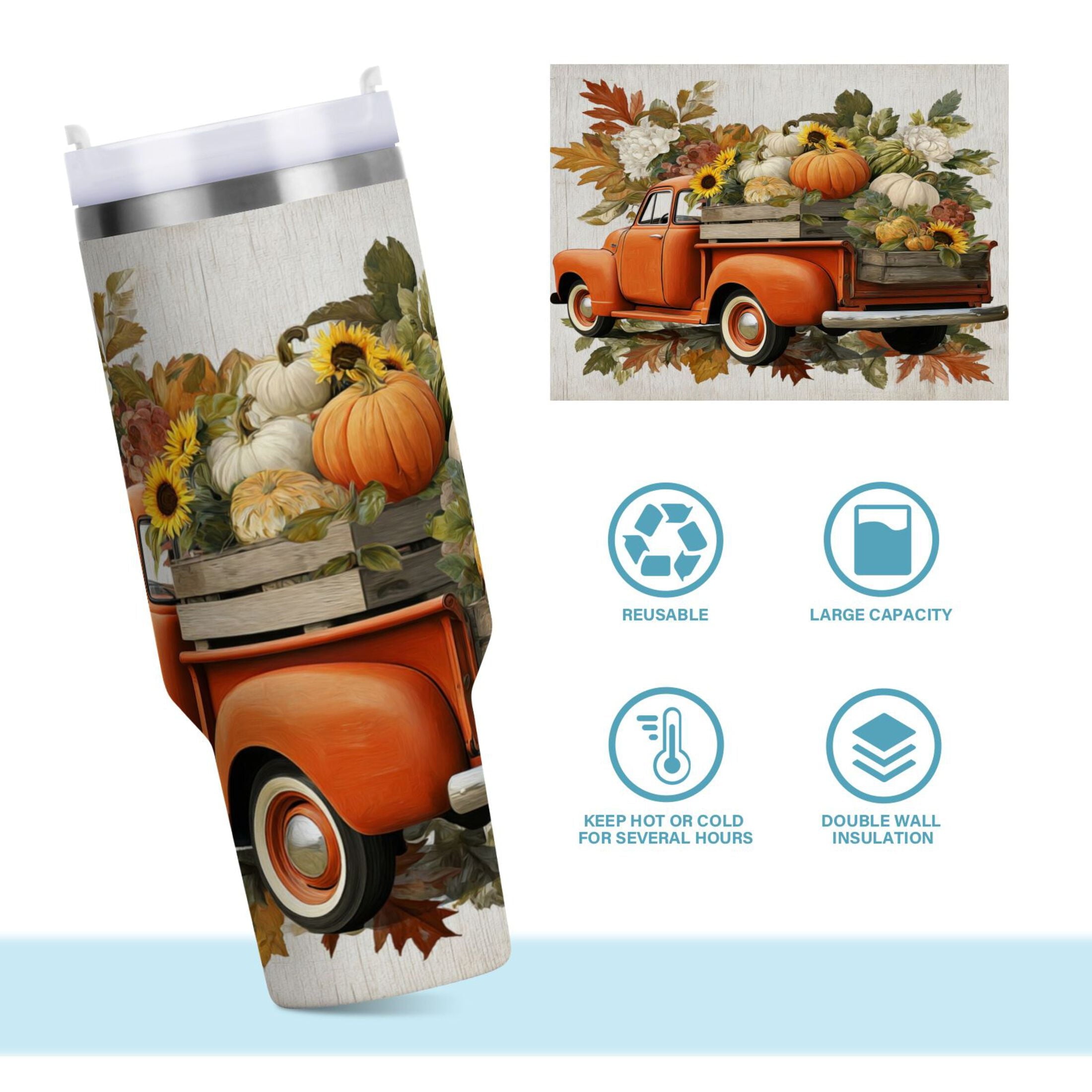 40 oz Insulated Stainless Steel Tumbler Double Wall Stainless Steel Tumbler with 2-Way Drinking Truck Full Of Pumpkins | DFZN