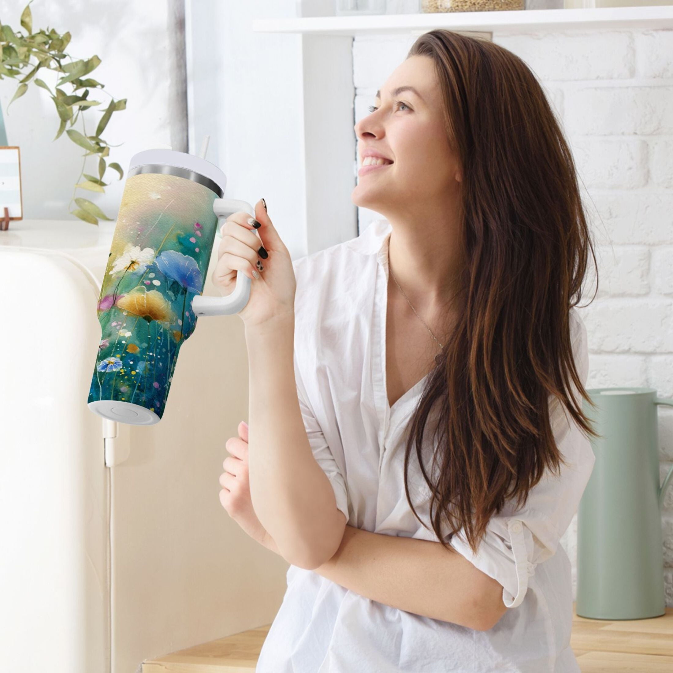 30 oz Insulated Stainless Steel Tumbler Double Wall Stainless Steel Tumbler with 2-Way Drinking Watercolor Wildflowers | 6ZHM