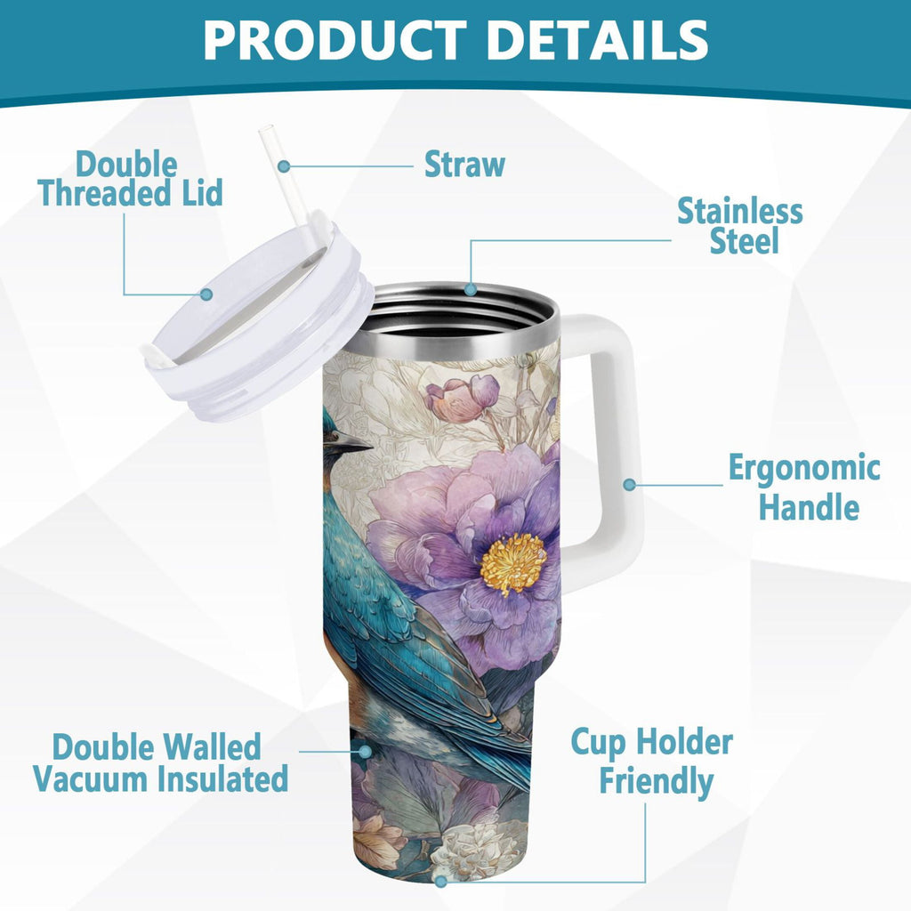 30 oz Insulated Stainless Steel Tumbler Double Wall Stainless Steel Tumbler with 2-Way Drinking Bluebird and Flower | 55IV