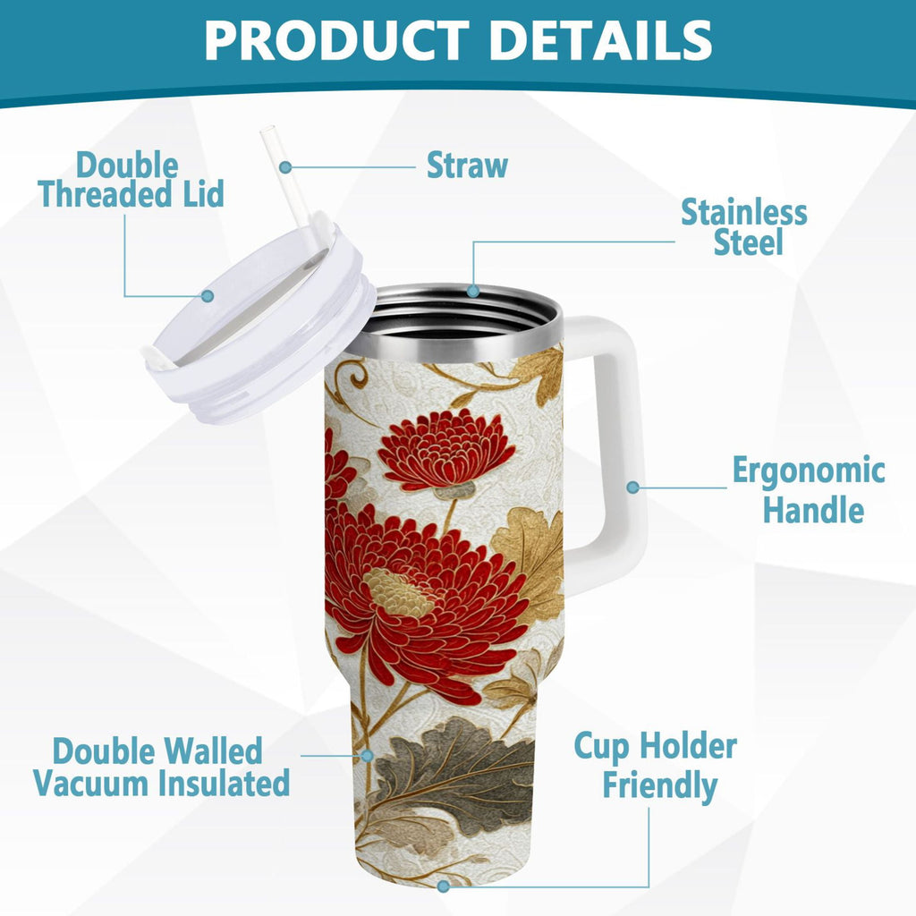 30 oz Insulated Stainless Steel Tumbler Double Wall Stainless Steel Tumbler with 2-Way Drinking Red Chrysanthemum Pattern | EJZ9