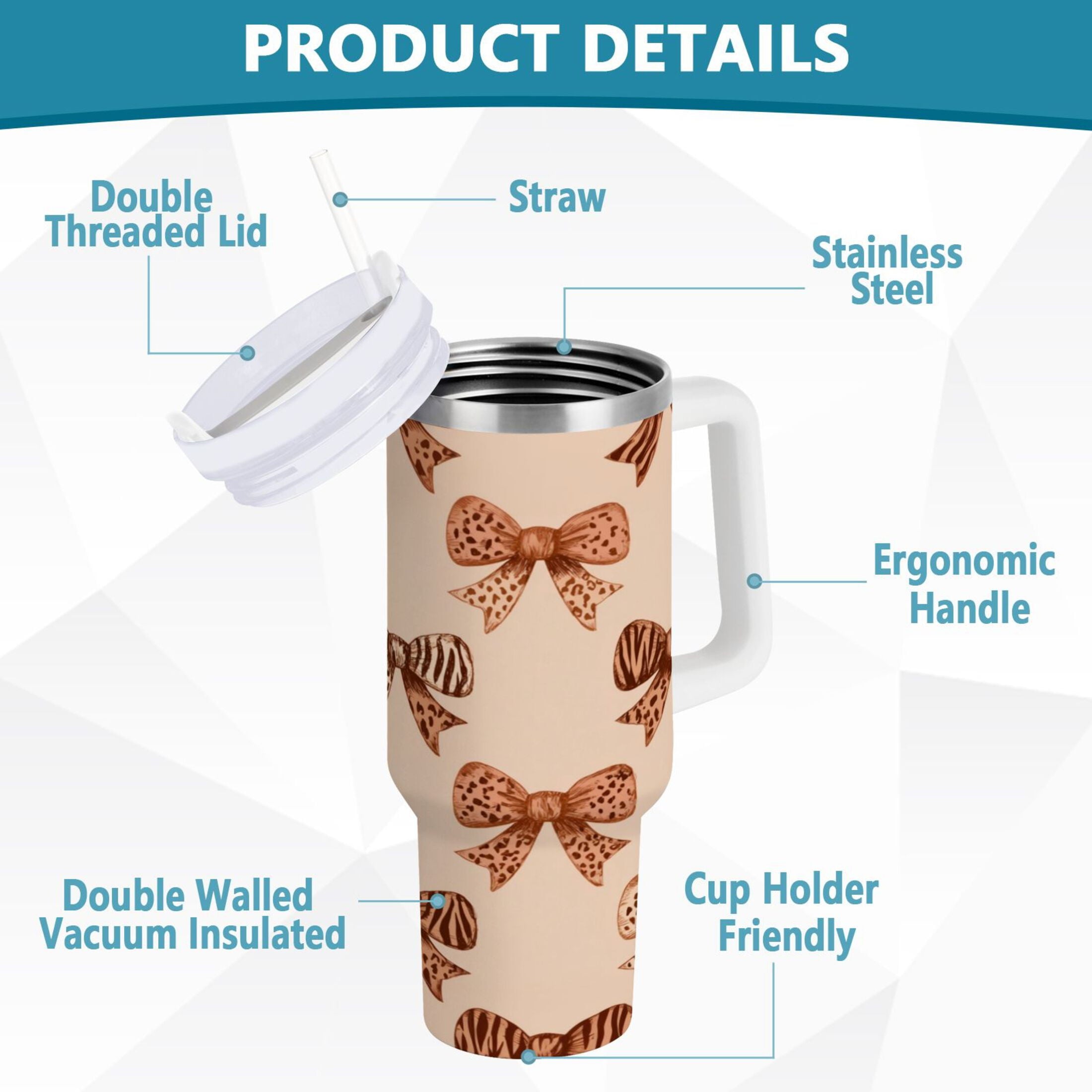 40 oz Insulated Stainless Steel Tumbler Double Wall Stainless Steel Tumbler with 2-Way Drinking Leopard Print Bow | FWQJ