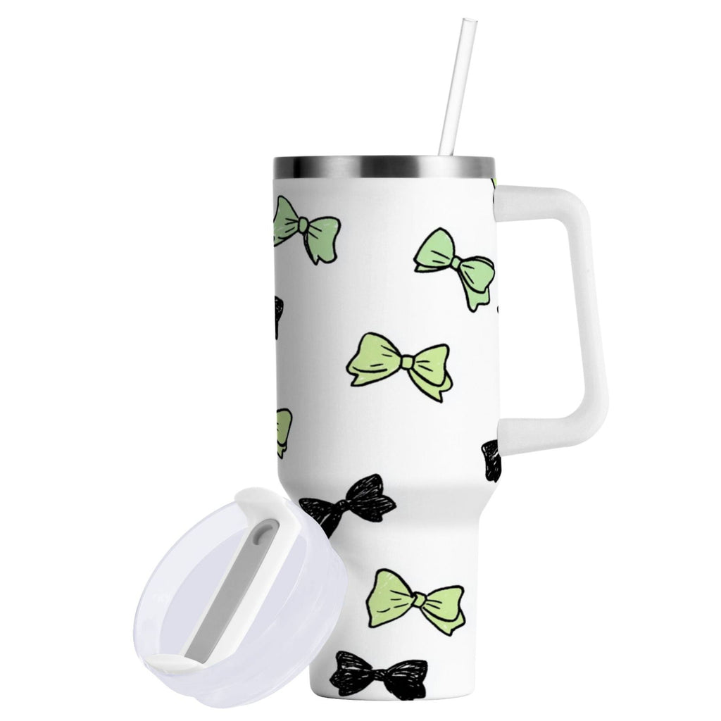 40 oz Insulated Stainless Steel Tumbler Double Wall Stainless Steel Tumbler with 2-Way Drinking Green and Black Bows | C2UY