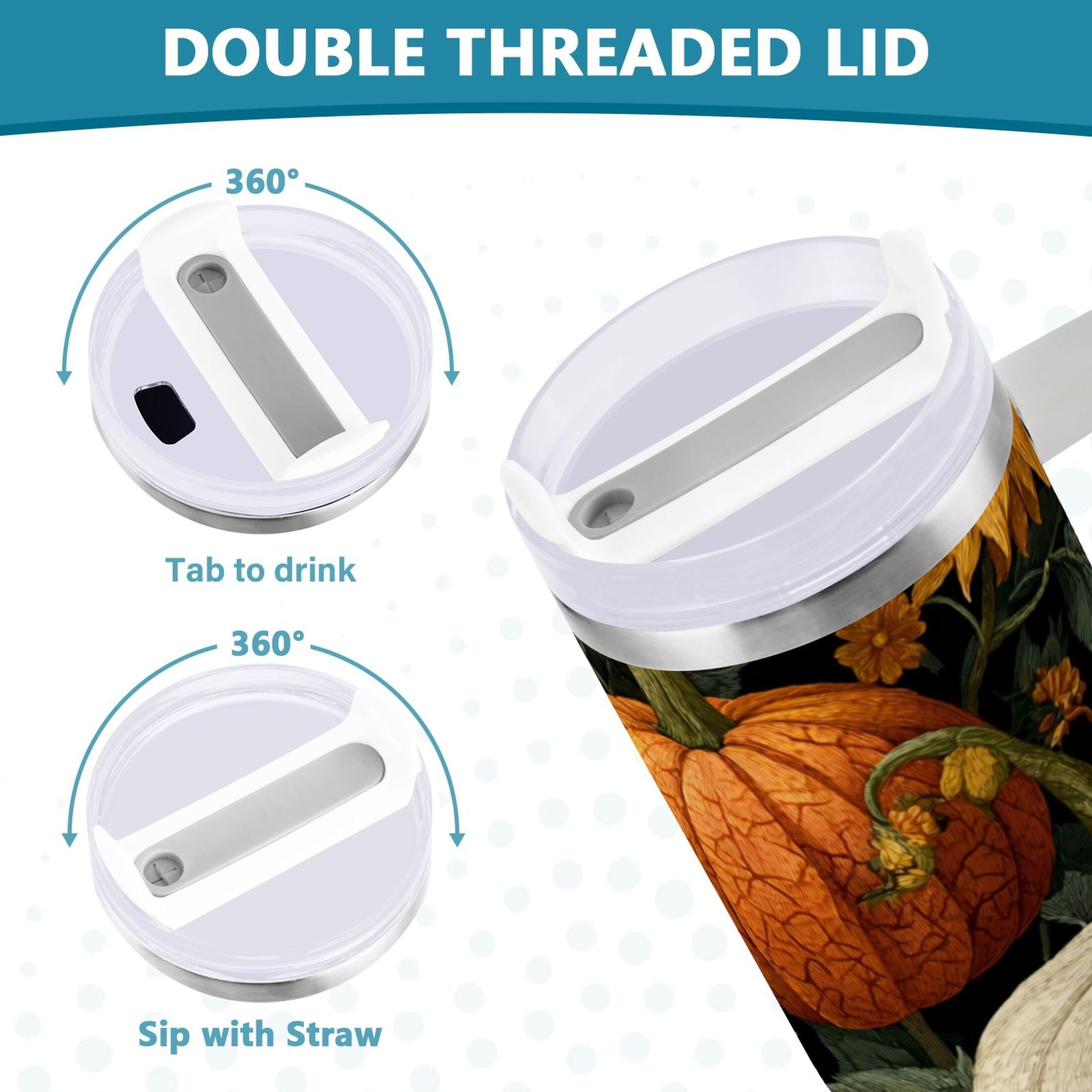 40 oz Insulated Stainless Steel Tumbler Double Wall Stainless Steel Tumbler with 2-Way Drinking Pumpkins and Sunflowers Pattern | TB11