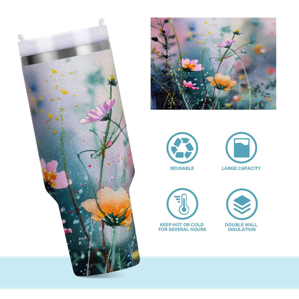 40 oz Insulated Stainless Steel Tumbler Double Wall Stainless Steel Tumbler with 2-Way Drinking Abstract Wildflowers | I3Z5