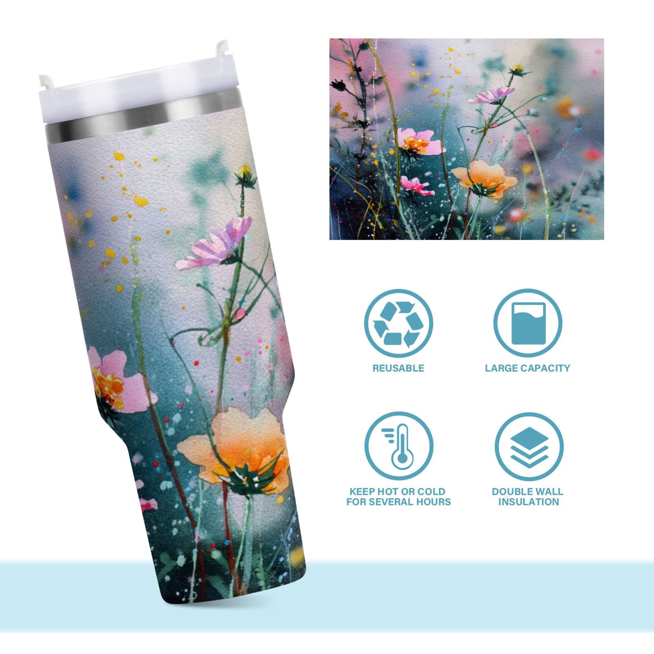 40 oz Insulated Stainless Steel Tumbler Double Wall Stainless Steel Tumbler with 2-Way Drinking Abstract Wildflowers | I3Z5