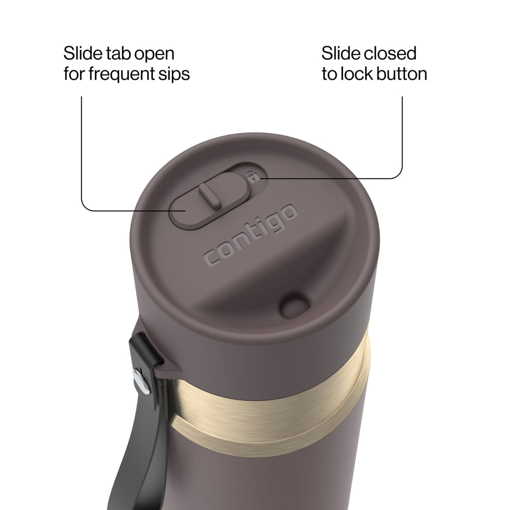 Contigo AutoSeal Leakproof Stainless Steel Reusable Water Bottle Tumbler with Carrying Strap, Cream/Champagne, 24 oz | YNTK