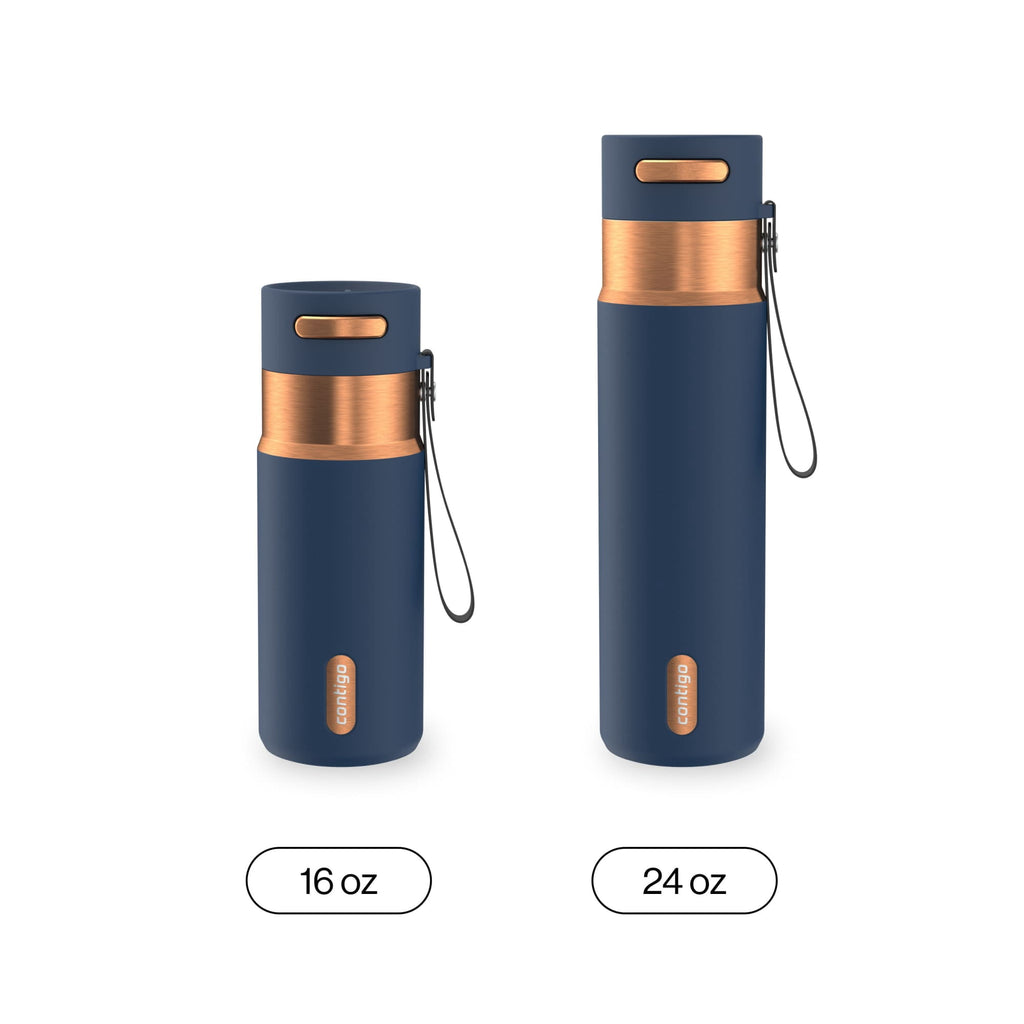 Contigo AutoSeal Leakproof Stainless Steel Reusable Water Bottle Tumbler with Carrying Strap, Cream/Champagne, 24 oz | YNTK
