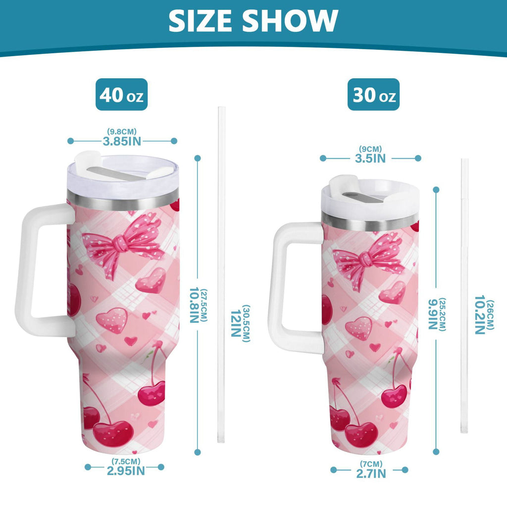 30 oz Insulated Stainless Steel Tumbler Double Wall Stainless Steel Tumbler with 2-Way Drinking Cherry and Pink Bow Pattern | YFZS