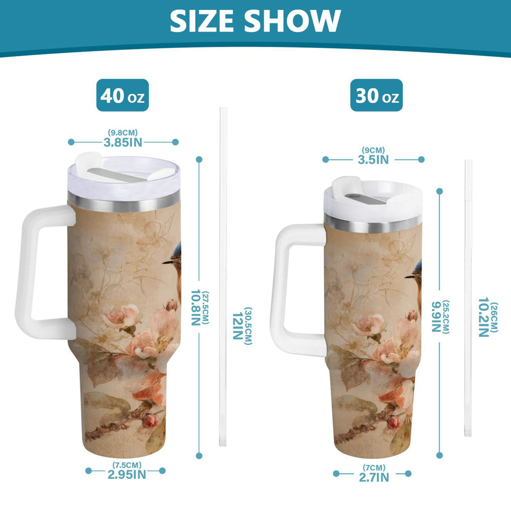 40 oz Insulated Stainless Steel Tumbler Double Wall Stainless Steel Tumbler with 2-Way Drinking Bluebird and Ancient Flowers | TZPP