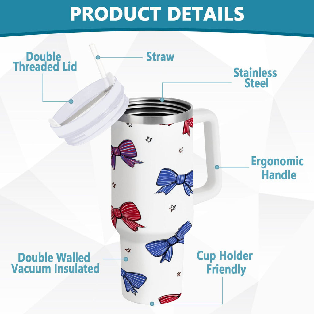 30 oz Insulated Stainless Steel Tumbler Double Wall Stainless Steel Tumbler with 2-Way Drinking Red and Blue Stripe Bows | CK7X