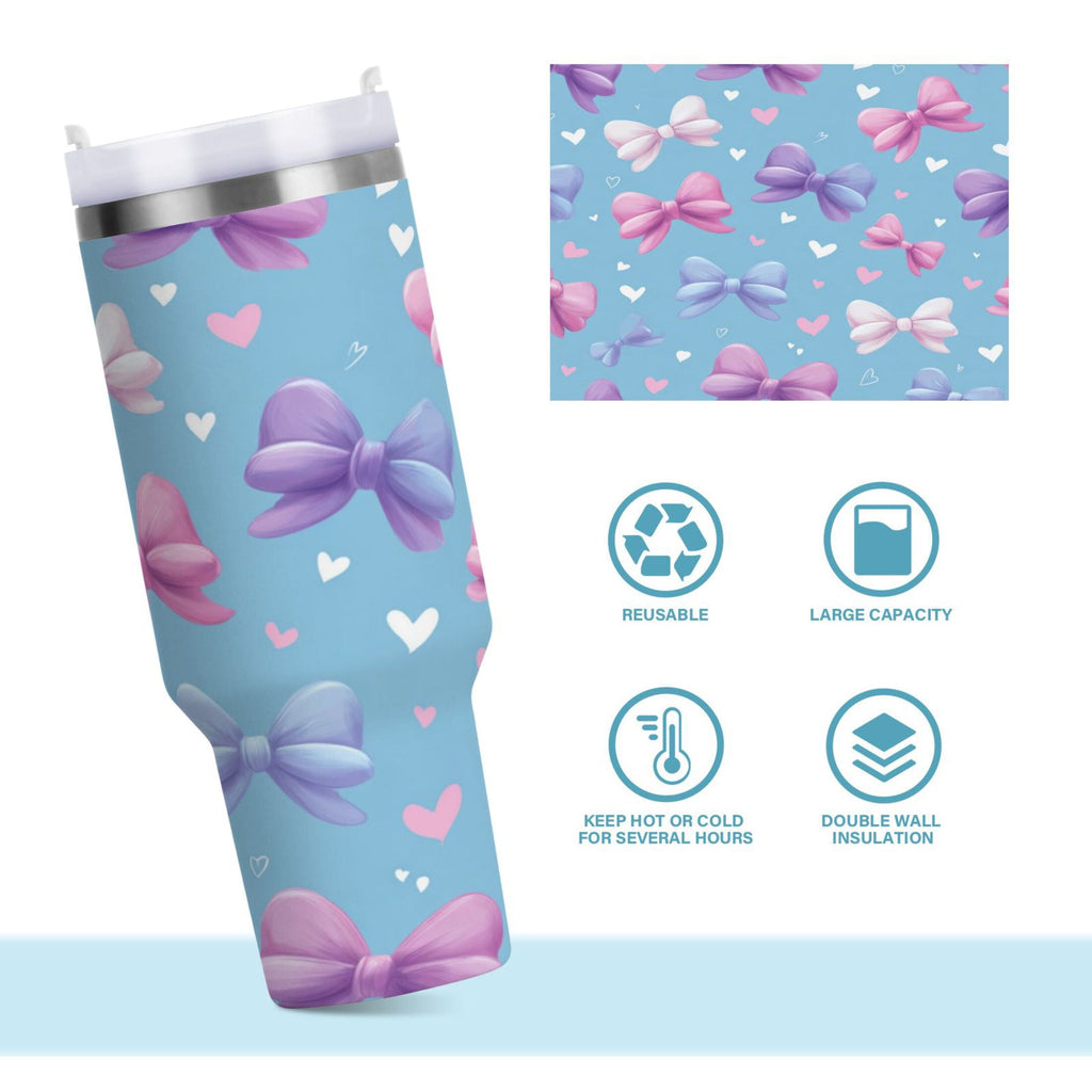 30 oz Insulated Stainless Steel Tumbler Double Wall Stainless Steel Tumbler with 2-Way Drinking Pink and Purple Bows | AORP