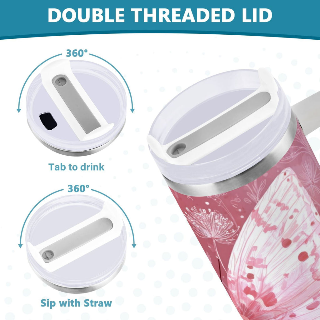30 oz Insulated Stainless Steel Tumbler Double Wall Stainless Steel Tumbler with 2-Way Drinking Soft Pink Butterfly | YS27