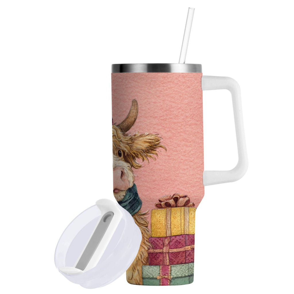 30 oz Insulated Stainless Steel Tumbler Double Wall Stainless Steel Tumbler with 2-Way Drinking Cow Wearing Scarf and Hat | SMZO