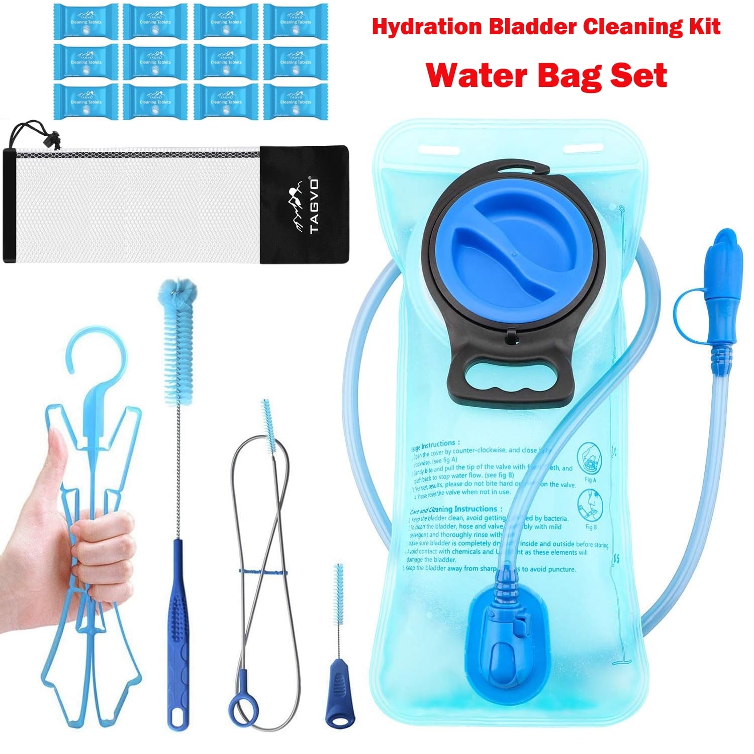 TAGVO Hydration Bladder 2 Liter BPA Free 70oz + Cleaning Brushes Kit, Leakproof Water Bladder Travel Reservoir Hydration Bag, Easy Cleaning by 3 Brushes and Air Drying by Collapsible Frame | P943