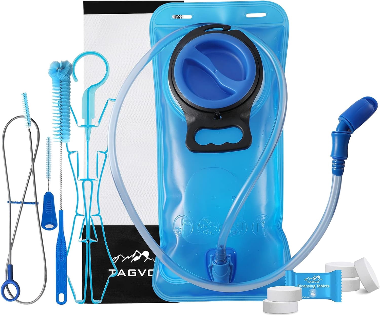 TAGVO Hydration Bladder 2 Liter BPA Free 70oz + Cleaning Brushes Kit, Leakproof Water Bladder Travel Reservoir Hydration Bag, Easy Cleaning by 3 Brushes and Air Drying by Collapsible Frame | P943