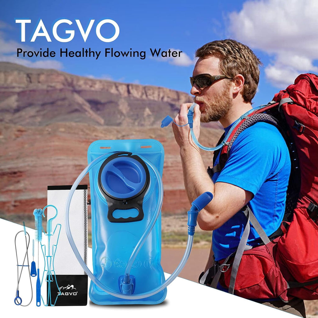 TAGVO Hydration Bladder 2 Liter BPA Free 70oz + Cleaning Brushes Kit, Leakproof Water Bladder Travel Reservoir Hydration Bag, Easy Cleaning by 3 Brushes and Air Drying by Collapsible Frame | P943