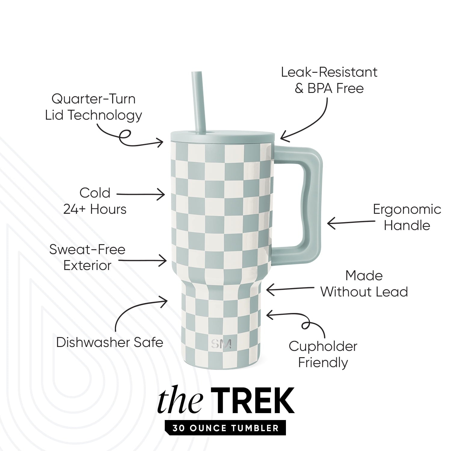 Simple Modern 30 fl oz Insulated Stainless Steel Trek Tumbler with Straw Lid | Seaglass Sage and Cream Checkmate | P40Y