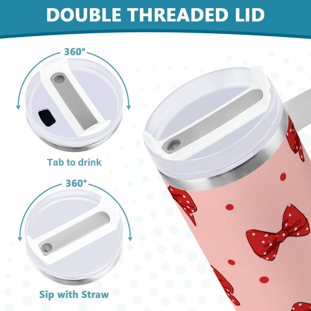 40 oz Insulated Stainless Steel Tumbler Double Wall Stainless Steel Tumbler with 2-Way Drinking Red Bows and Polka Dots | OPB4