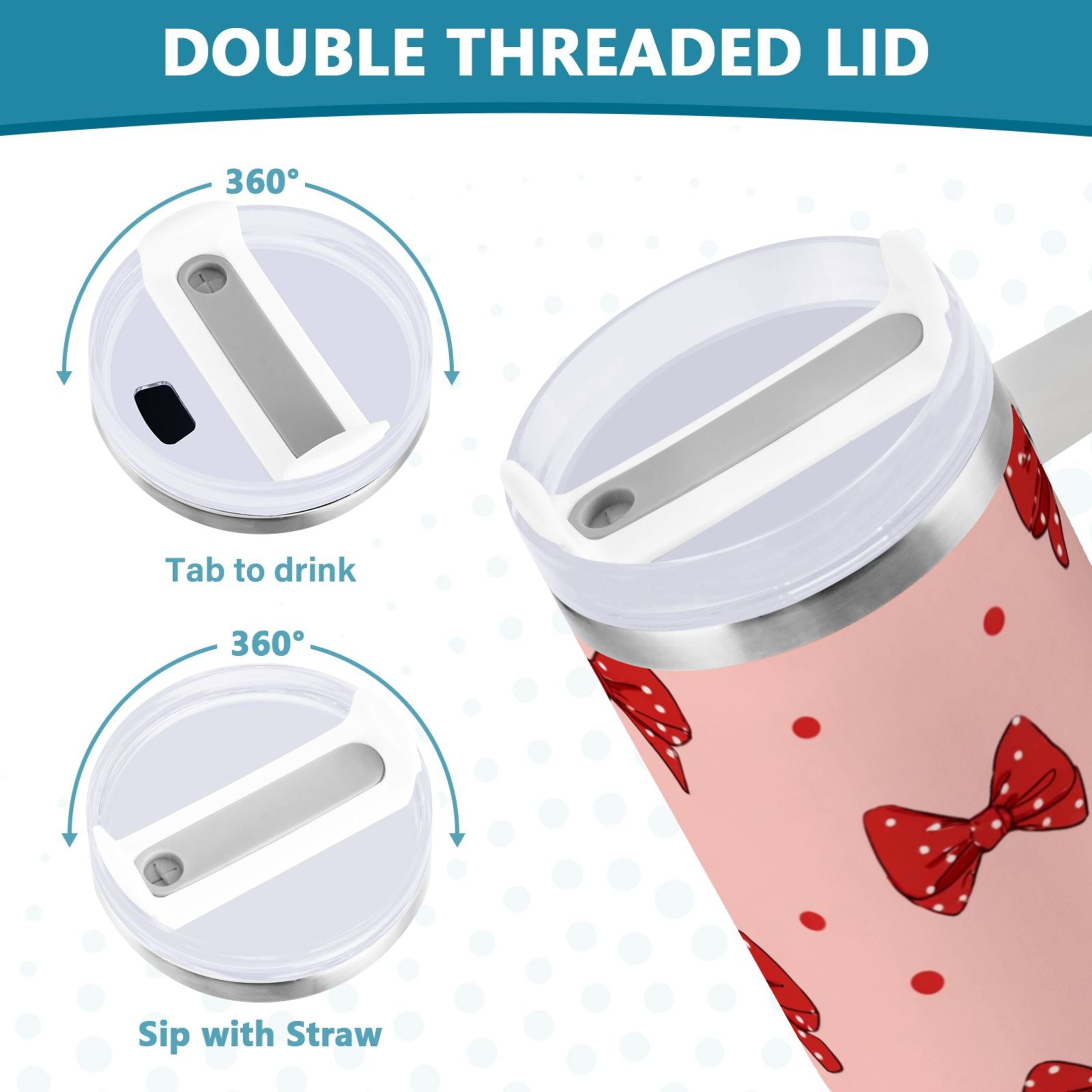40 oz Insulated Stainless Steel Tumbler Double Wall Stainless Steel Tumbler with 2-Way Drinking Red Bows and Polka Dots | OPB4