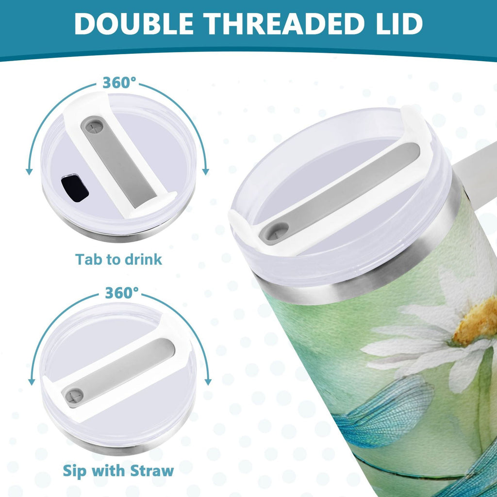 30 oz Insulated Stainless Steel Tumbler Double Wall Stainless Steel Tumbler with 2-Way Drinking Beautiful Dragonflies and Daisies | P6SW