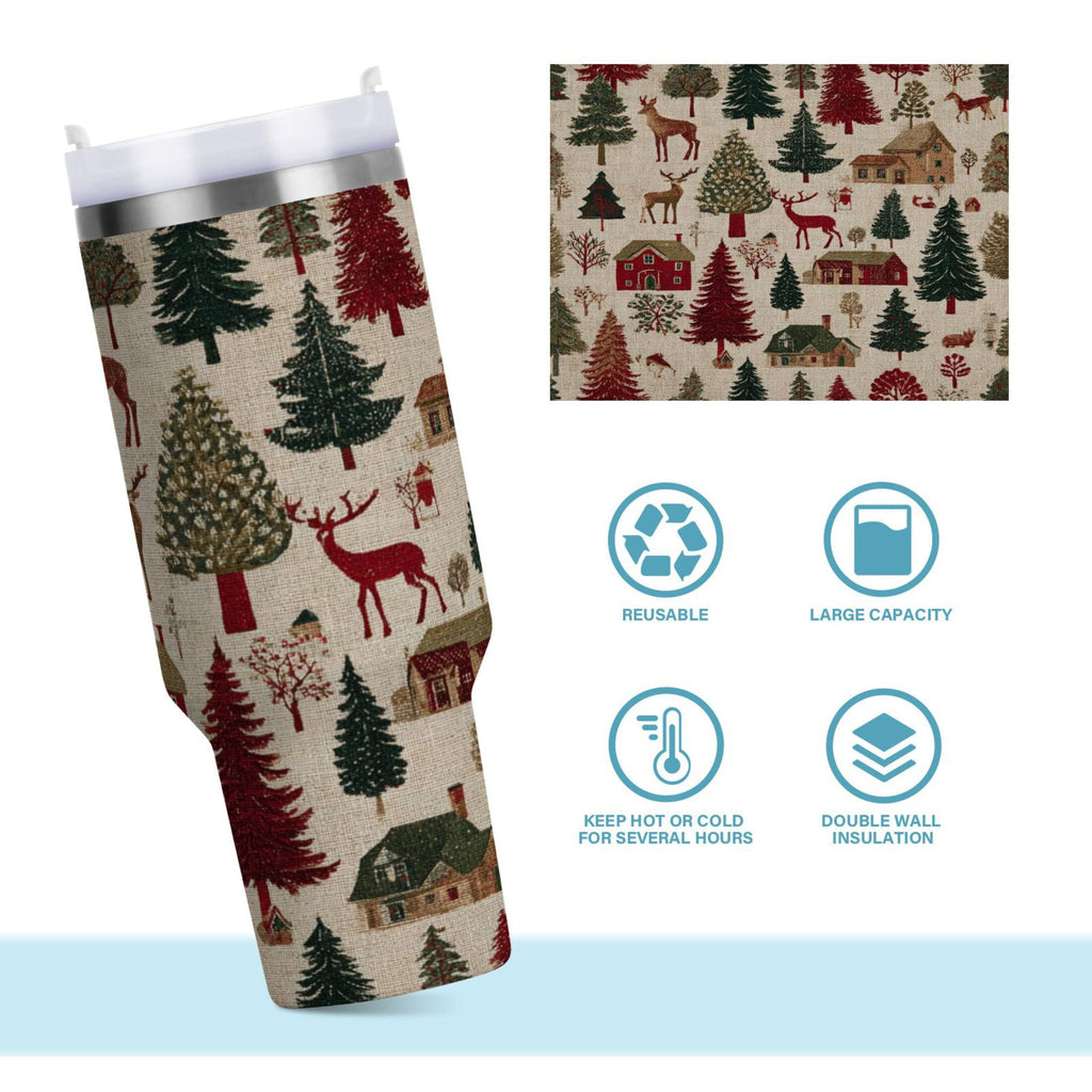 30 oz Insulated Stainless Steel Tumbler Double Wall Stainless Steel Tumbler with 2-Way Drinking Christmas Trees Deer and Houses | DHGE