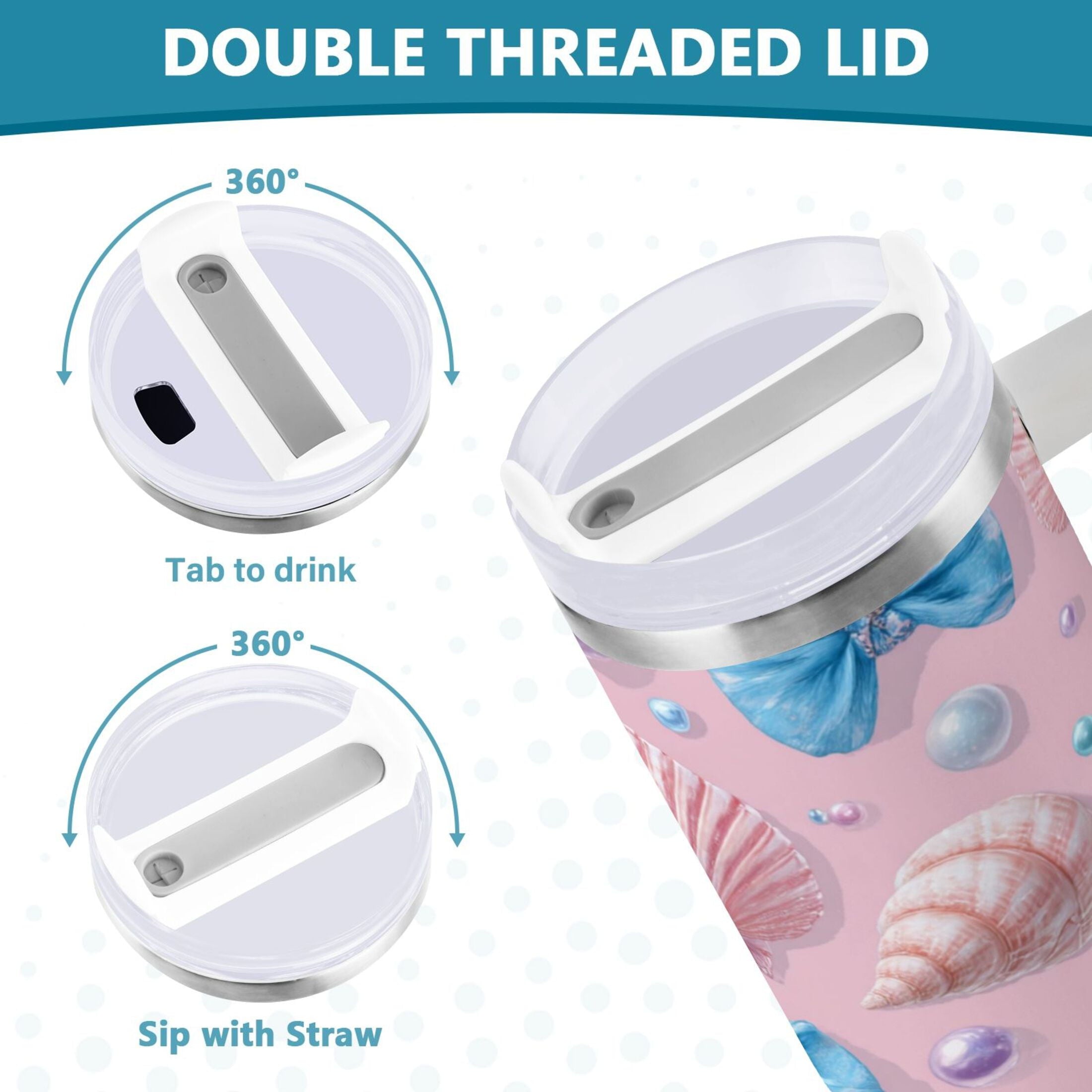 30 oz Insulated Stainless Steel Tumbler Double Wall Stainless Steel Tumbler with 2-Way Drinking Seashells and Bows | RFSM