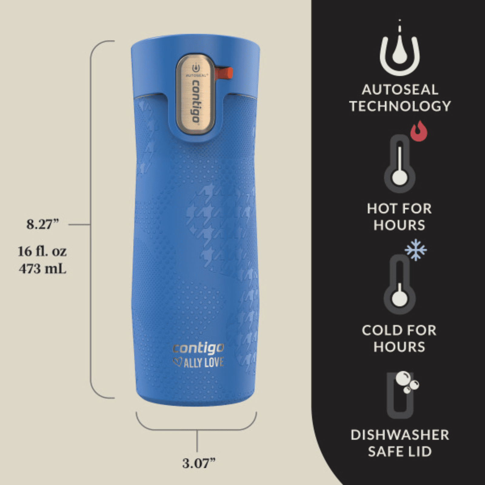 Contigo x Ally Love Autoseal West Loop Vacuum-Insulated Stainless Steel Travel Mug with Easy-Clean Lid, 16 oz, Stellar Jay | 9BHN