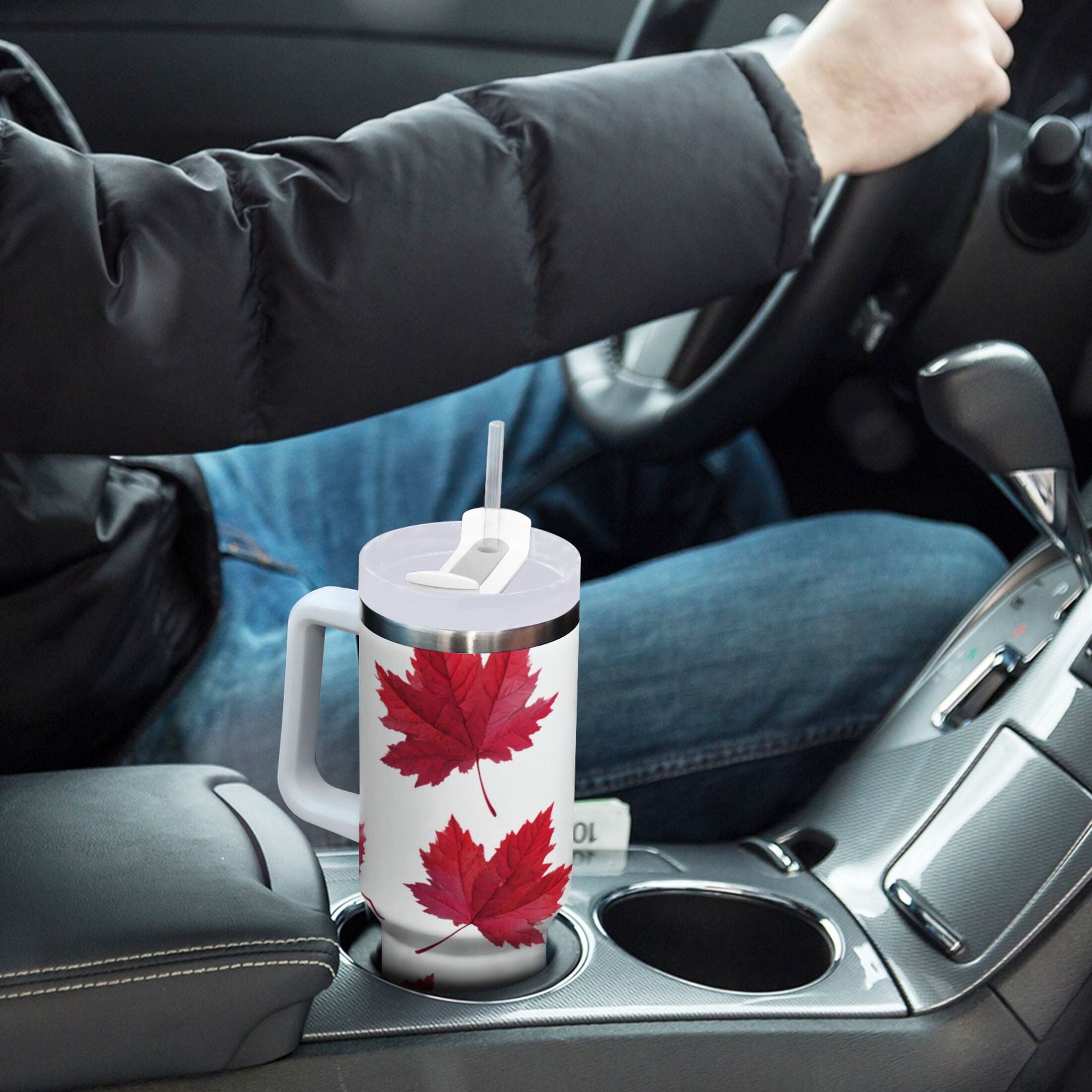 30 oz Insulated Stainless Steel Tumbler Double Wall Stainless Steel Tumbler with 2-Way Drinking Red Maple Leaves | I2A6
