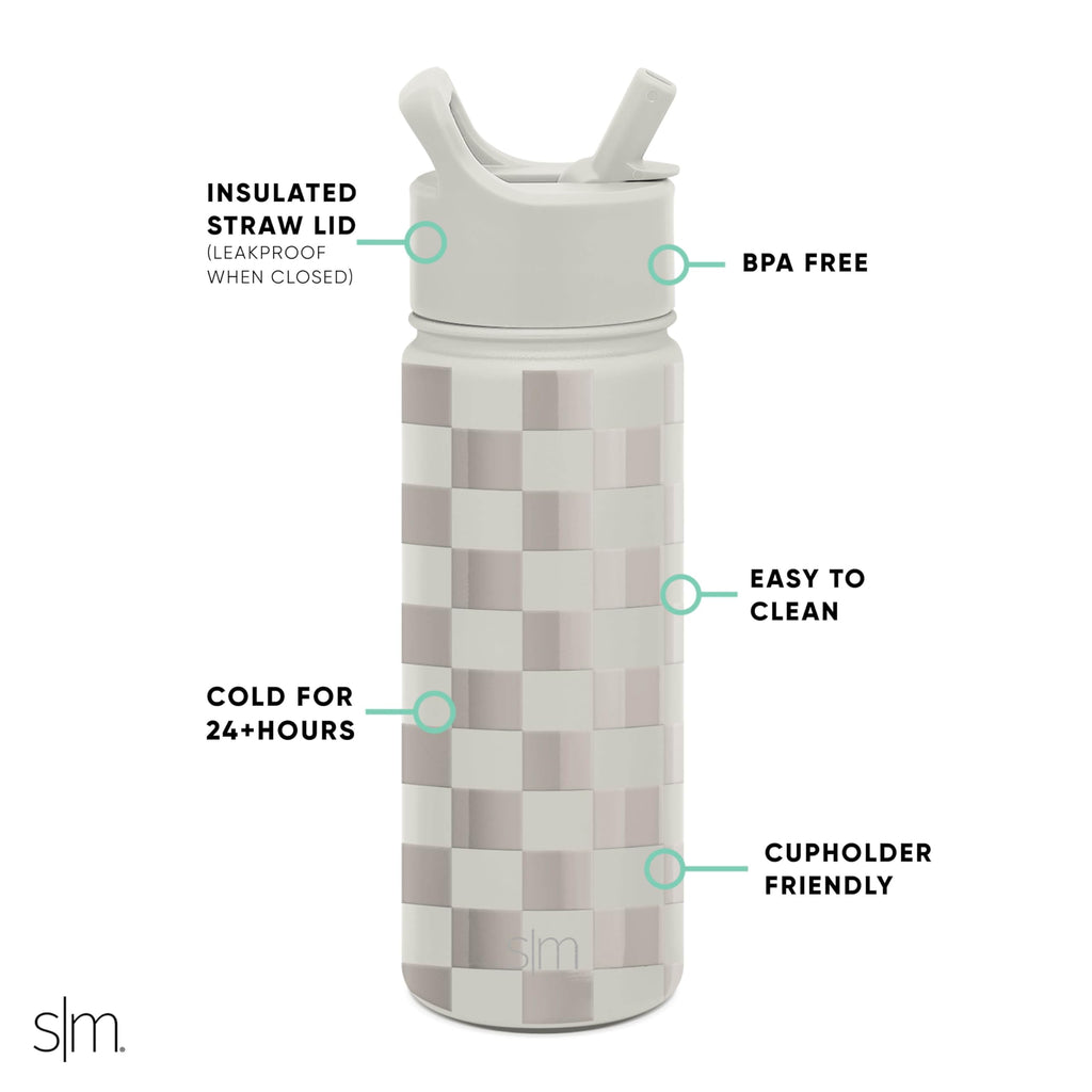 Simple Modern Kids Water Bottle with Straw Lid Vacuum Insulated Stainless Steel Metal Thermos Bottles | Reusable Leak Proof BPA-Free Flask for School | Summit Collection | 18oz, Checkmate | LC60