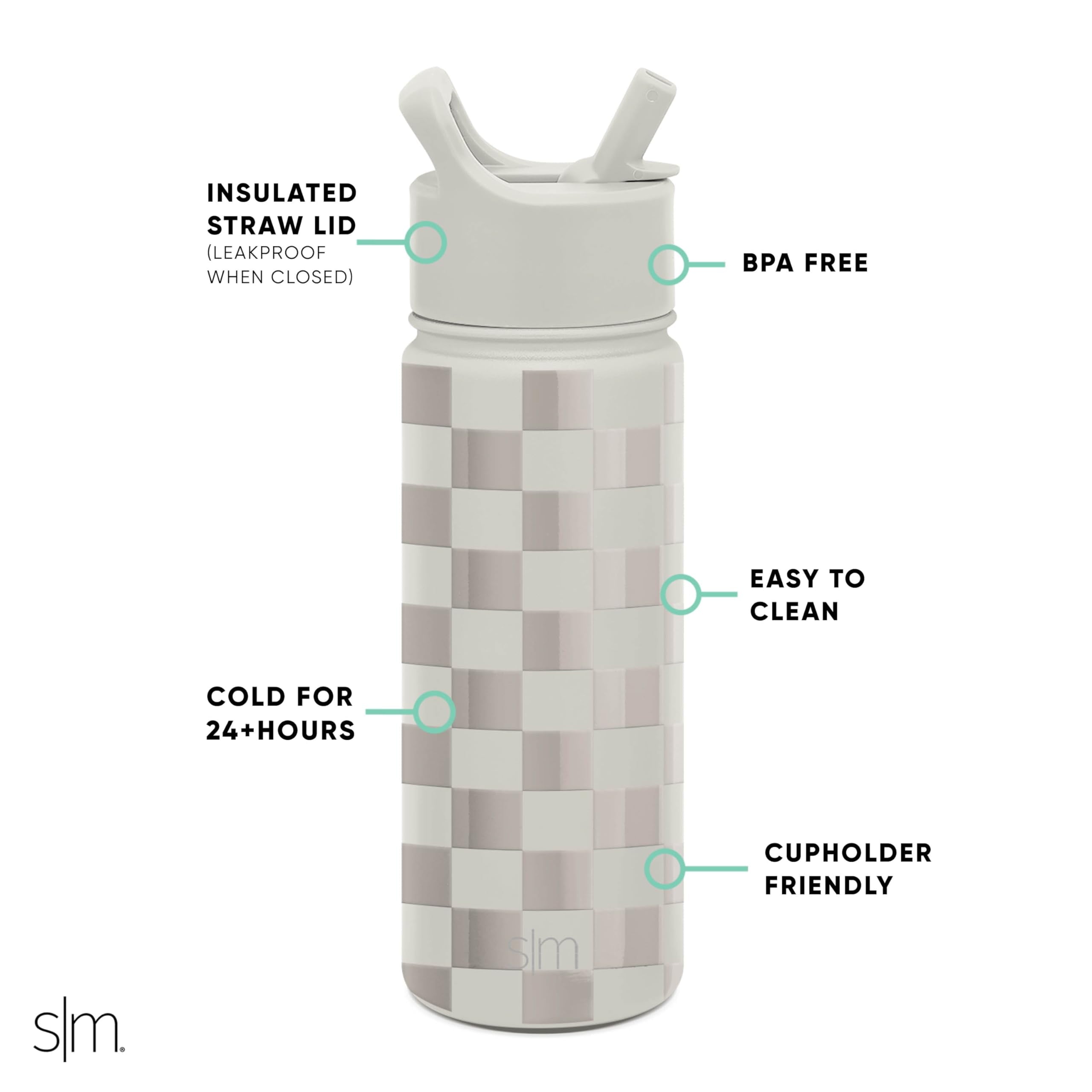 Simple Modern Kids Water Bottle with Straw Lid Vacuum Insulated Stainless Steel Metal Thermos Bottles | Reusable Leak Proof BPA-Free Flask for School | Summit Collection | 18oz, Checkmate | LC60