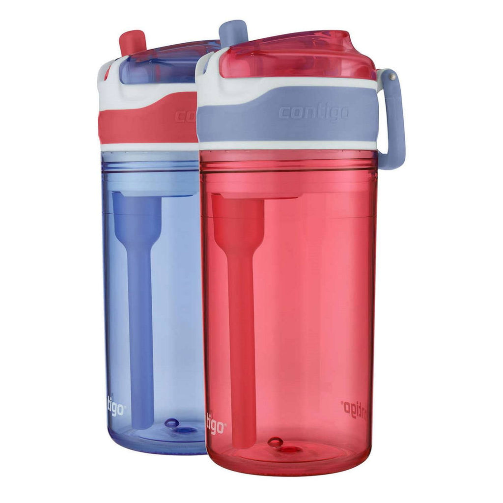 Contigo Kids 2-in-1 Snack Hero Tumbler Featuring 4oz Snack Holder Stacked on Top of 13oz Water Bottle - BPA Free, Durable Tritan w/Flexible Carry Handle &amp; Spill-Proof Valve, Purple &amp; Pink – 2 Pack | FFTF