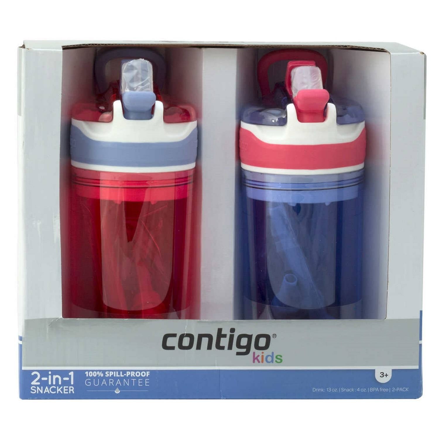 Contigo Kids 2-in-1 Snack Hero Tumbler Featuring 4oz Snack Holder Stacked on Top of 13oz Water Bottle - BPA Free, Durable Tritan w/Flexible Carry Handle &amp; Spill-Proof Valve, Purple &amp; Pink – 2 Pack | FFTF