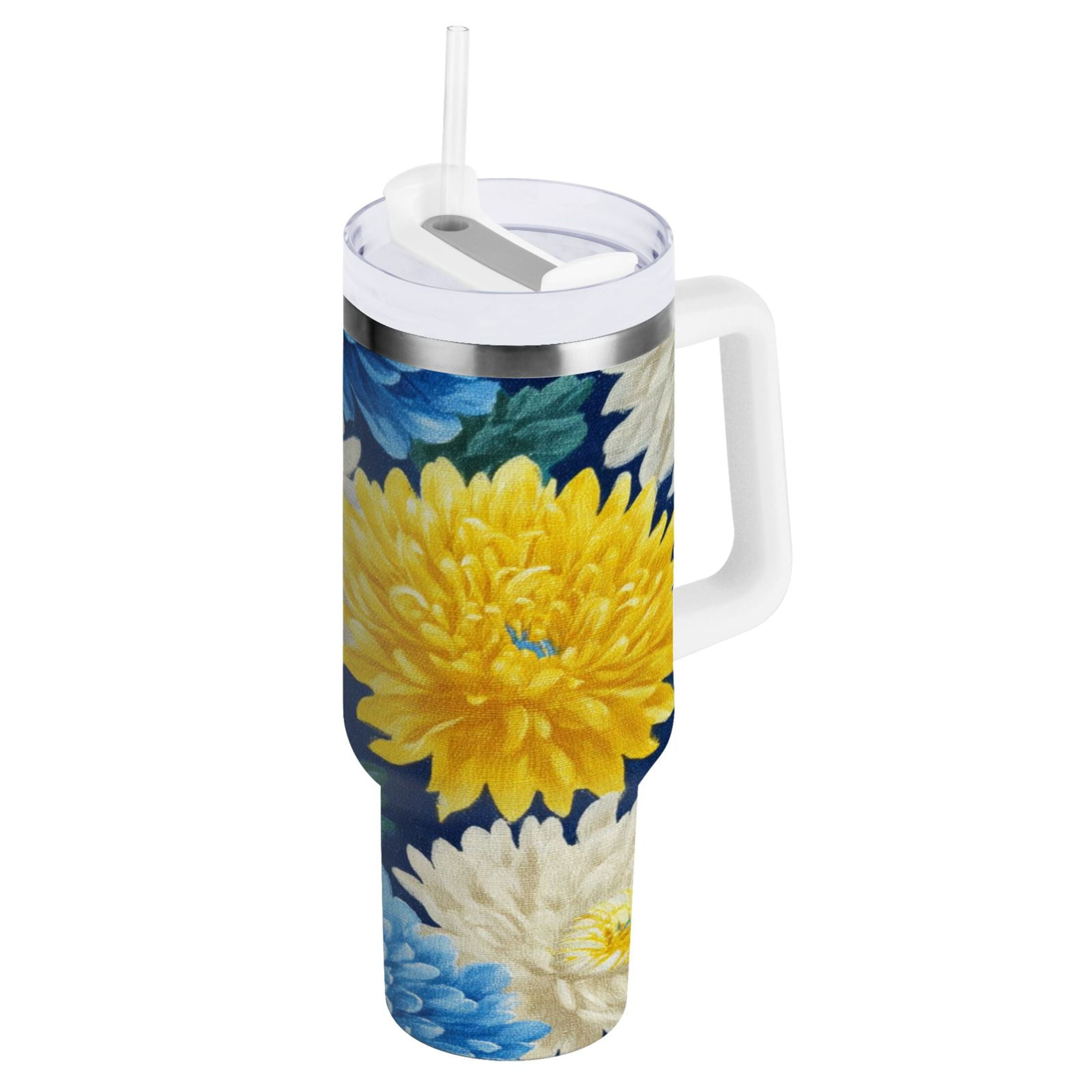 30 oz Insulated Stainless Steel Tumbler Double Wall Stainless Steel Tumbler with 2-Way Drinking Yellow and White Chrysanthemum | ZZQX