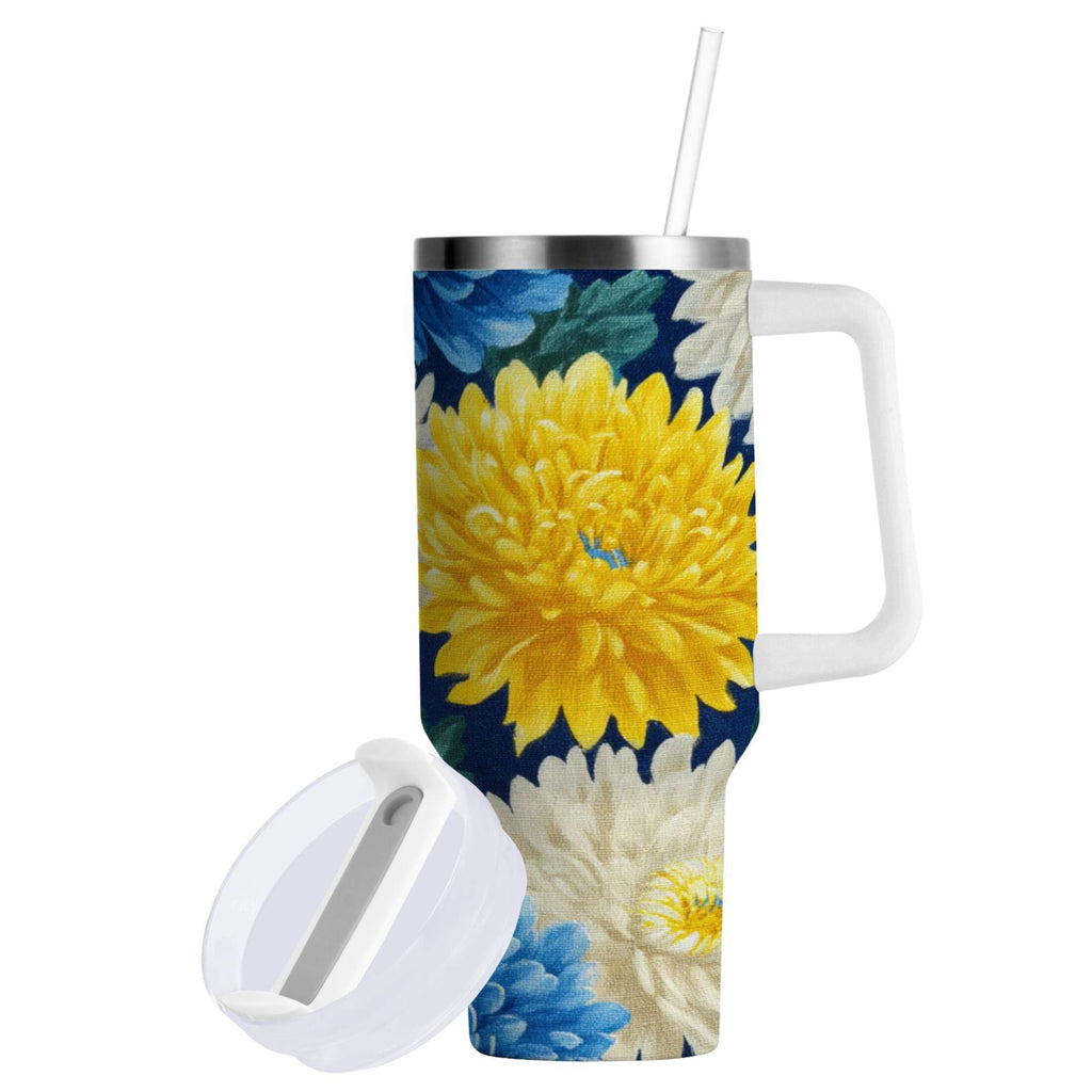 30 oz Insulated Stainless Steel Tumbler Double Wall Stainless Steel Tumbler with 2-Way Drinking Yellow and White Chrysanthemum | ZZQX