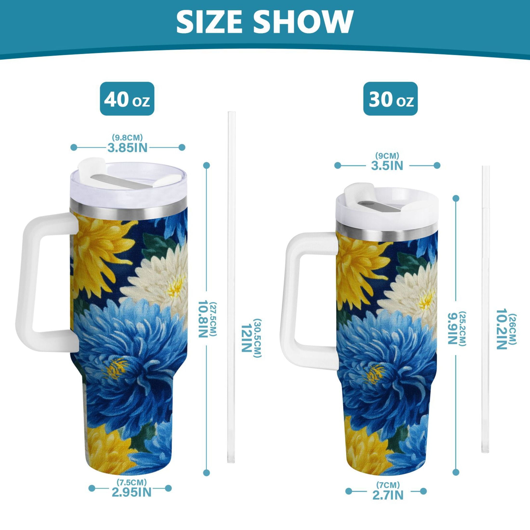 30 oz Insulated Stainless Steel Tumbler Double Wall Stainless Steel Tumbler with 2-Way Drinking Yellow and White Chrysanthemum | ZZQX