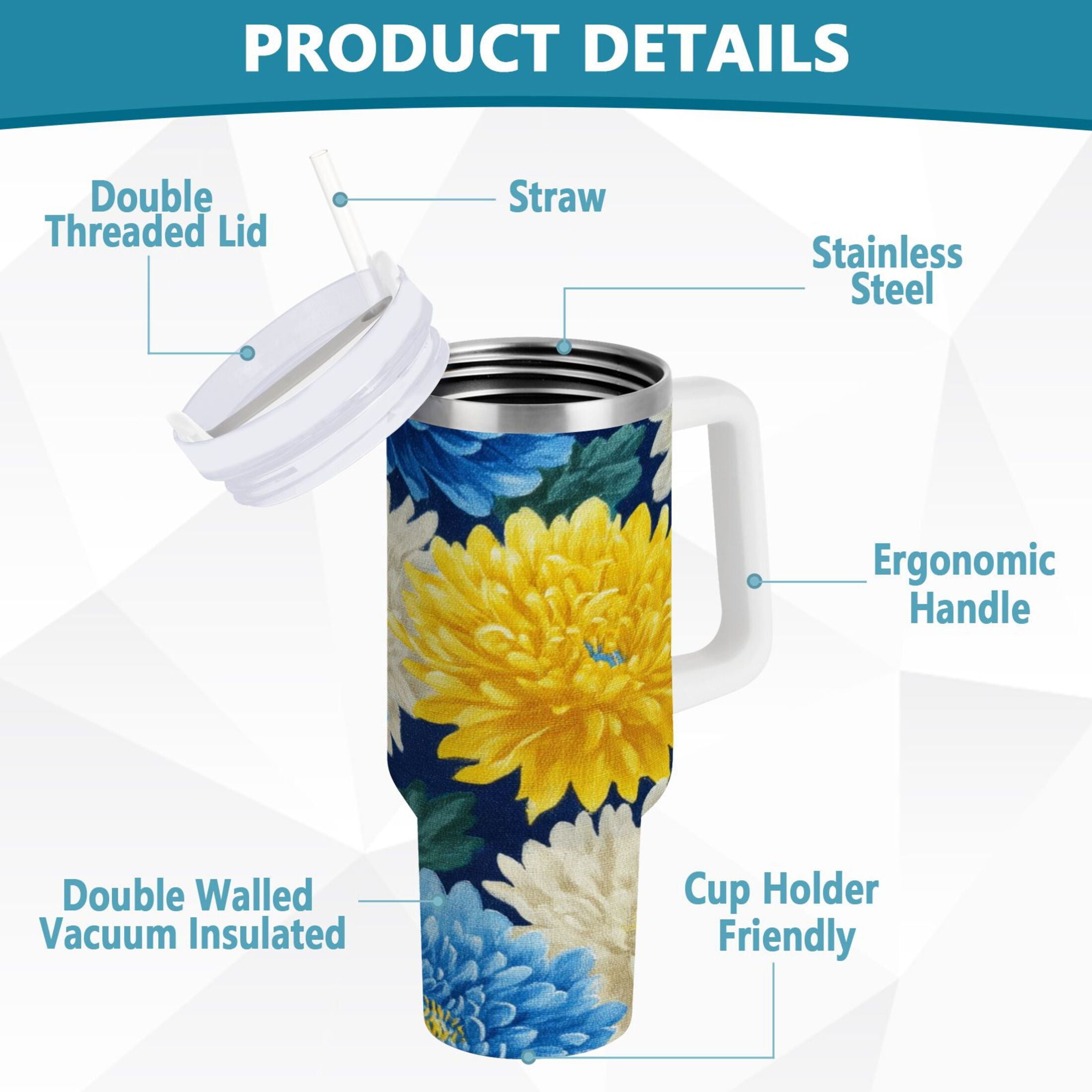30 oz Insulated Stainless Steel Tumbler Double Wall Stainless Steel Tumbler with 2-Way Drinking Yellow and White Chrysanthemum | ZZQX
