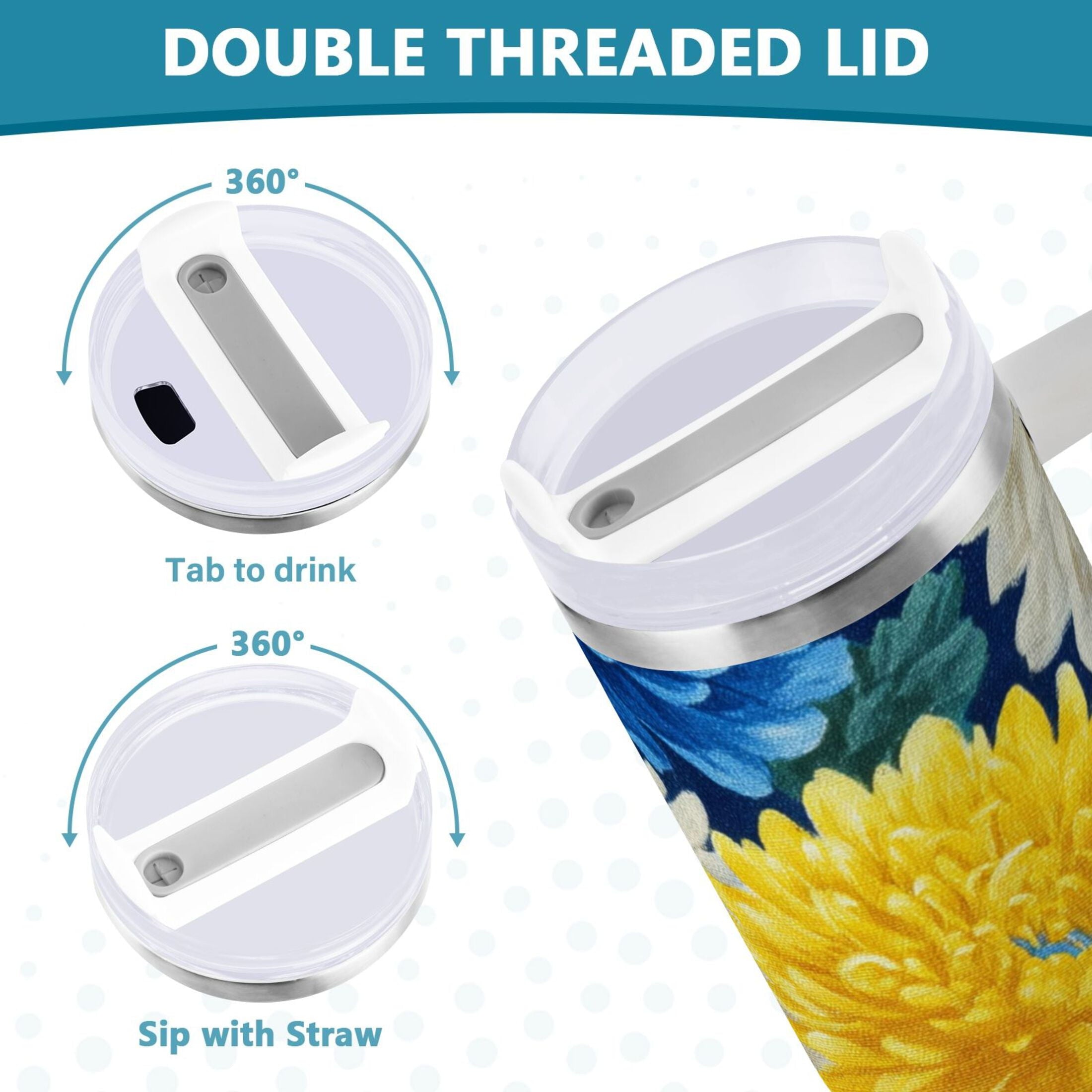 30 oz Insulated Stainless Steel Tumbler Double Wall Stainless Steel Tumbler with 2-Way Drinking Yellow and White Chrysanthemum | ZZQX