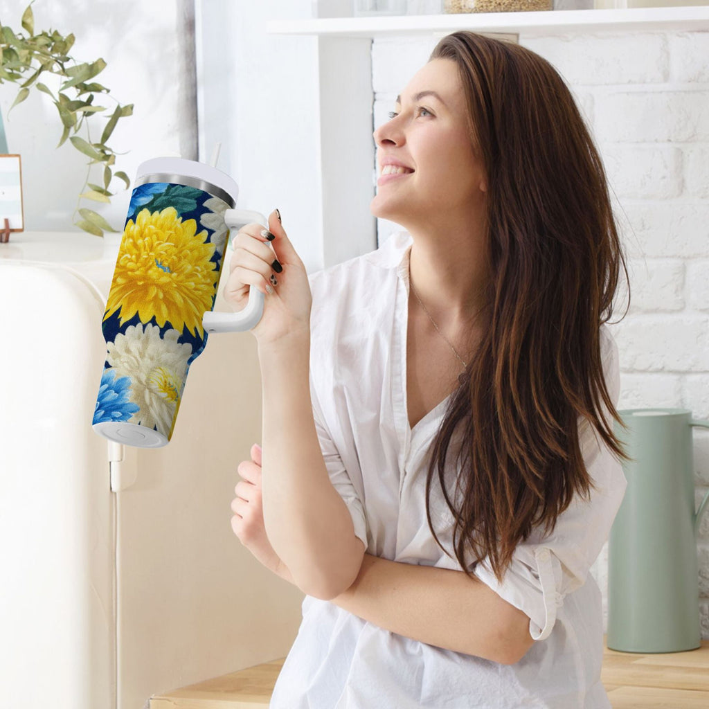 30 oz Insulated Stainless Steel Tumbler Double Wall Stainless Steel Tumbler with 2-Way Drinking Yellow and White Chrysanthemum | ZZQX