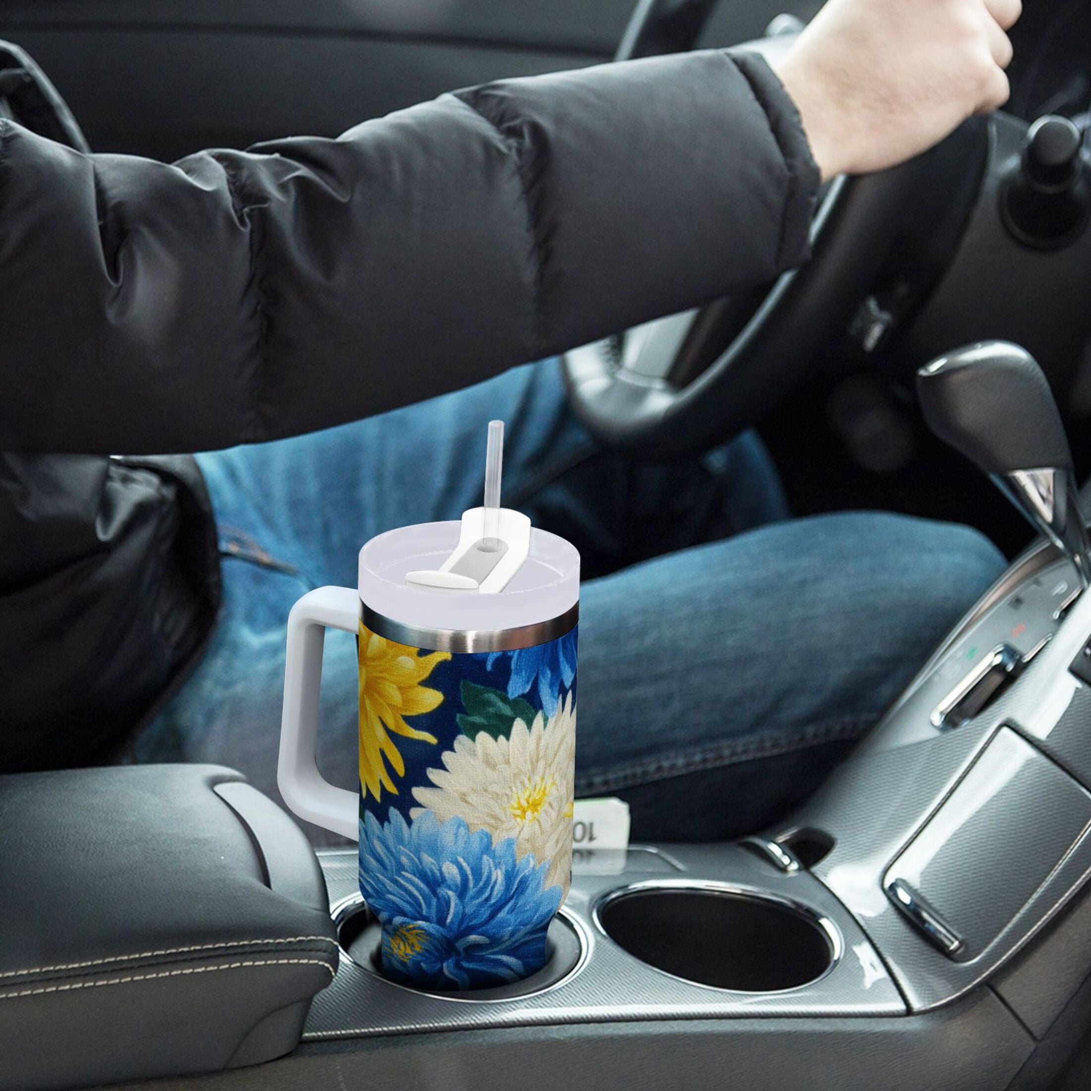 30 oz Insulated Stainless Steel Tumbler Double Wall Stainless Steel Tumbler with 2-Way Drinking Yellow and White Chrysanthemum | ZZQX