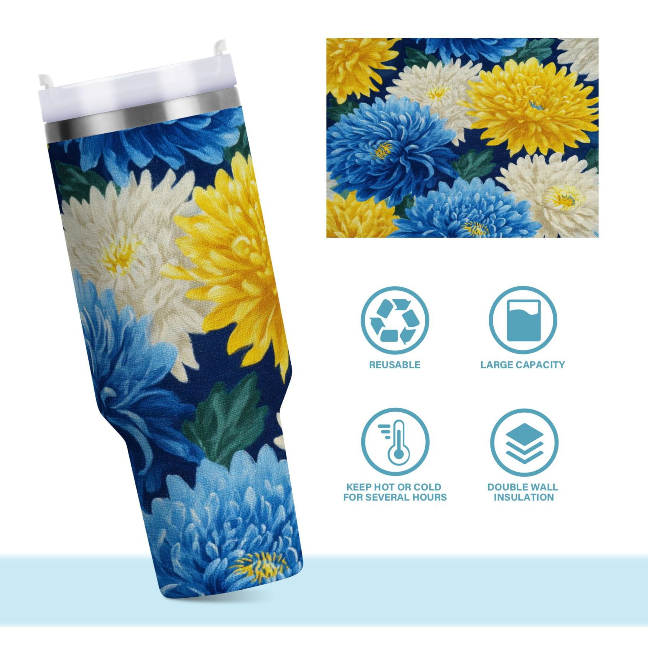 30 oz Insulated Stainless Steel Tumbler Double Wall Stainless Steel Tumbler with 2-Way Drinking Yellow and White Chrysanthemum | ZZQX