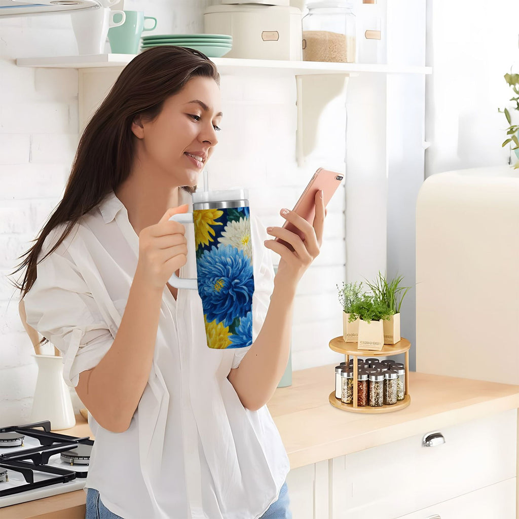 30 oz Insulated Stainless Steel Tumbler Double Wall Stainless Steel Tumbler with 2-Way Drinking Yellow and White Chrysanthemum | ZZQX