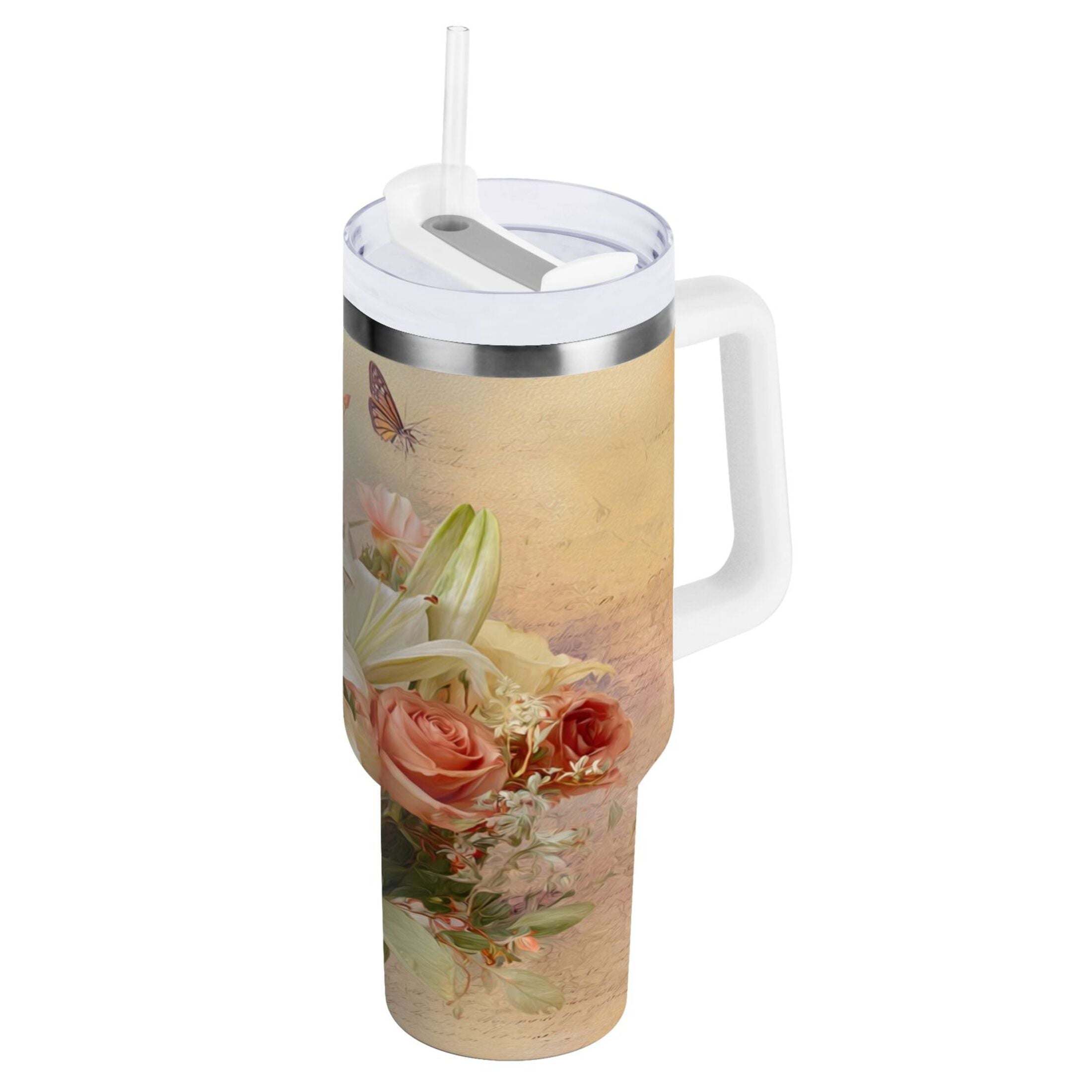 30 oz Insulated Stainless Steel Tumbler Double Wall Stainless Steel Tumbler with 2-Way Drinking Beautiful Floral Bouquet | WDY3