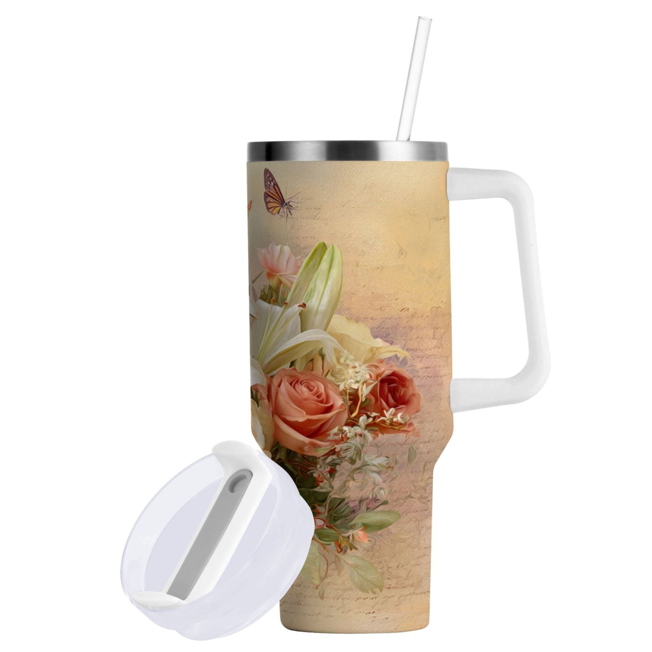 30 oz Insulated Stainless Steel Tumbler Double Wall Stainless Steel Tumbler with 2-Way Drinking Beautiful Floral Bouquet | WDY3