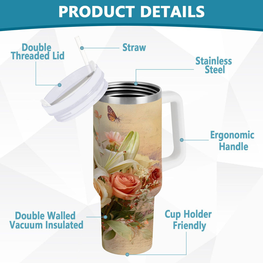 30 oz Insulated Stainless Steel Tumbler Double Wall Stainless Steel Tumbler with 2-Way Drinking Beautiful Floral Bouquet | WDY3