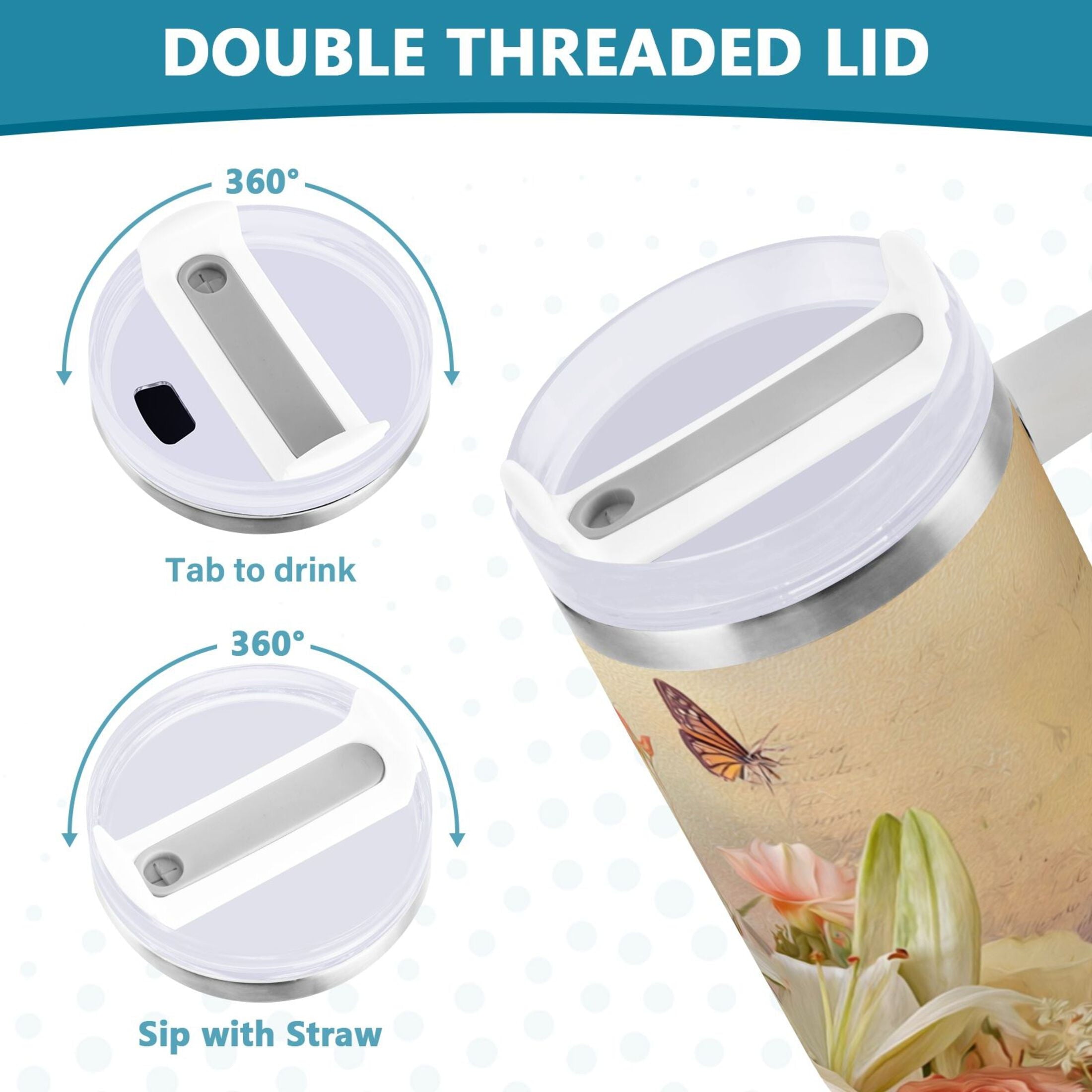30 oz Insulated Stainless Steel Tumbler Double Wall Stainless Steel Tumbler with 2-Way Drinking Beautiful Floral Bouquet | WDY3