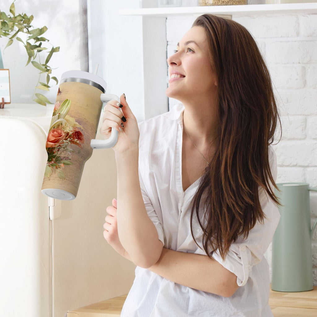 30 oz Insulated Stainless Steel Tumbler Double Wall Stainless Steel Tumbler with 2-Way Drinking Beautiful Floral Bouquet | WDY3